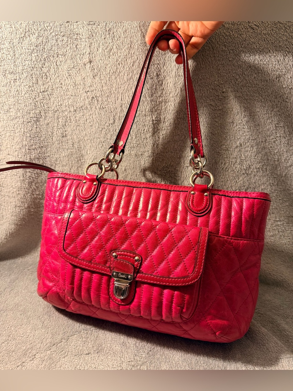 Coach Madison Maggie Quilted Fuchsia Leather Shoulder Tote